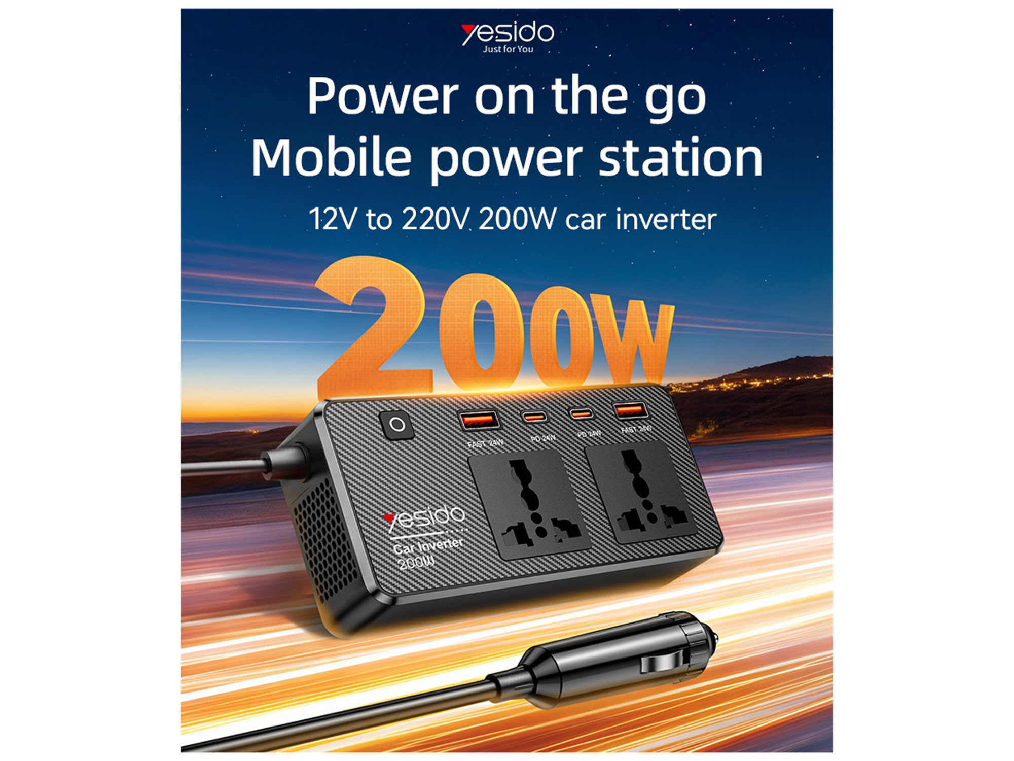 Yesido 200W Car Power Inverter (12V to 200V) – Model VC07