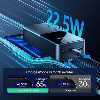 بنك طاقة جوي روم بسعة 30000 مللي أمبير وقوة 22.5 واط للشحن السريع مع شاشة LCD (JR-QP193) - أسود