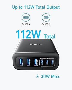 Anker Charger 112W 6 Ports USB C Charger SG 3 Pin Plug USB Charger A2154k11 Black