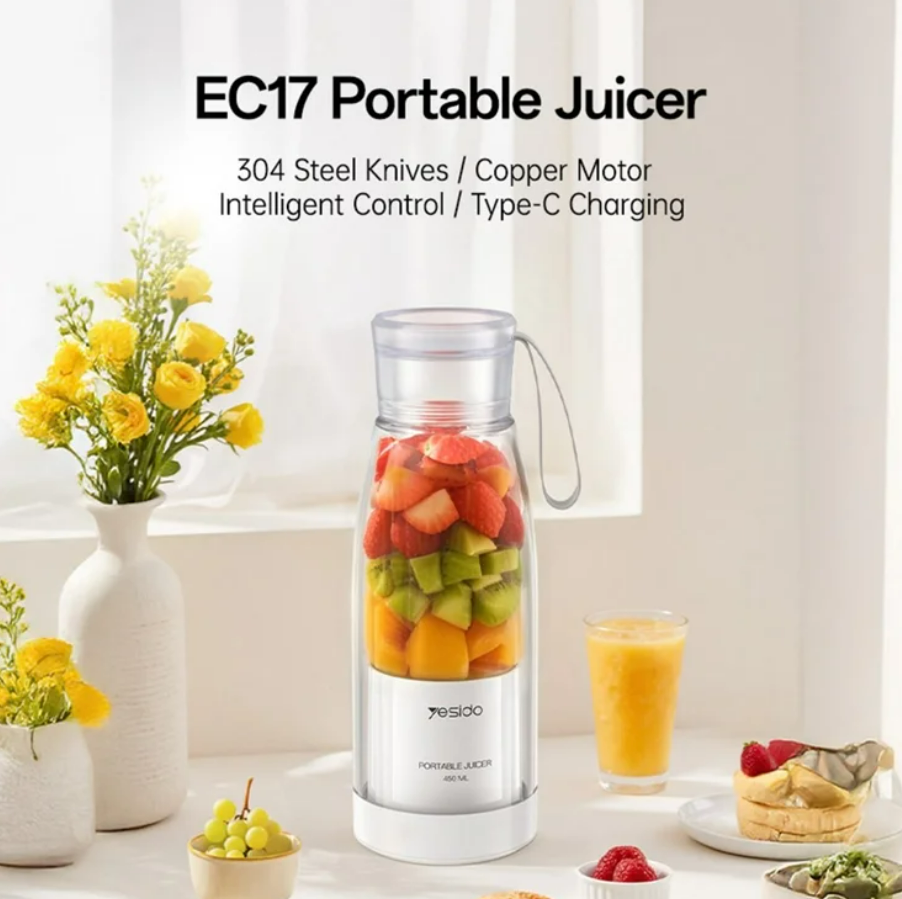 YESIDO EC17 Portable Blender 450ml – USB Rechargeable Smoothie & Juice Maker, 18,500 RPM, 6 Stainless Steel Blades
