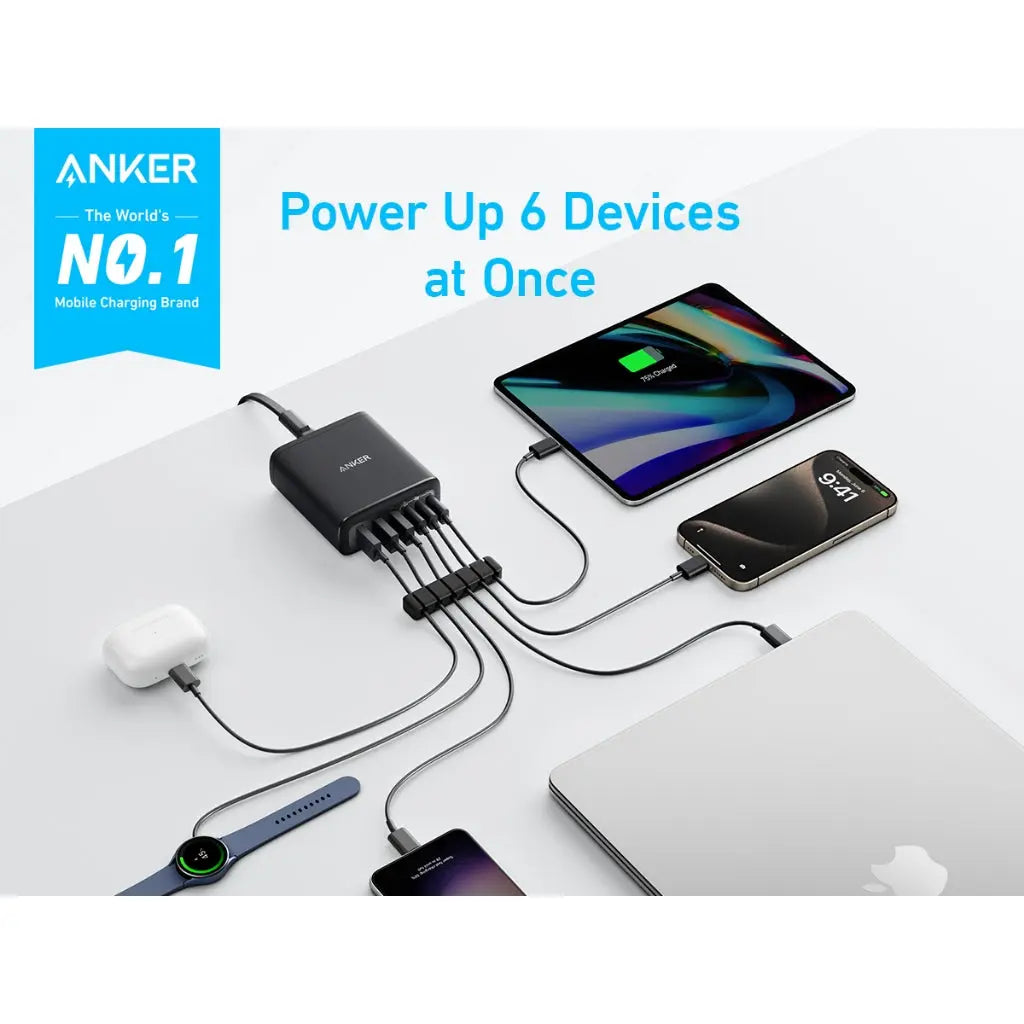 Anker Charger 112W 6 Ports USB C Charger SG 3 Pin Plug USB Charger A2154k11 Black